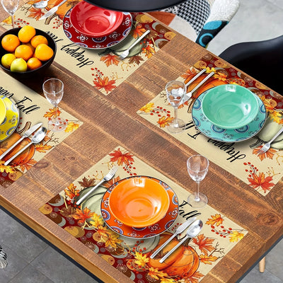 4pcs Thanksgiving Harvest Day Print Placemat Pumpkin Maple Leaf Vinyl Tableware Kitchen TableMat Coffe Cup Pad Non-slip Decorat