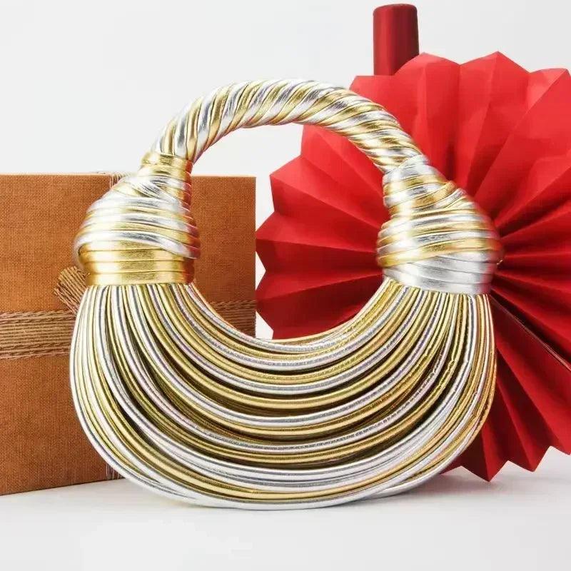 Handbags for women 2024 new gold luxury designer brand handwoven noodle bags rope knotted pulled hobo silver evening