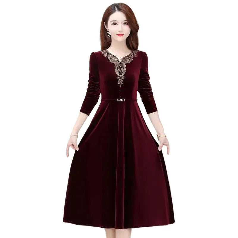 Vintage Applique Velvet Party Dress Women Elegant Slim Long Sleeve A-line New Dresses 2024Spring Casual Knee-length Vestidos