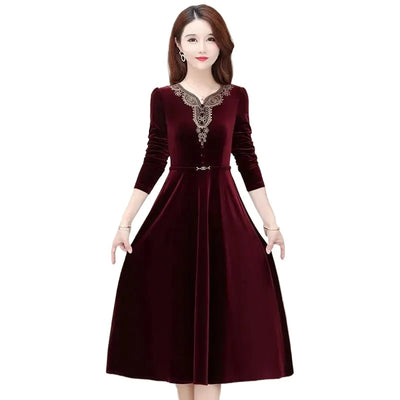 Vintage Applique Velvet Party Dress Women Elegant Slim Long Sleeve A-line New Dresses 2024Spring Casual Knee-length Vestidos