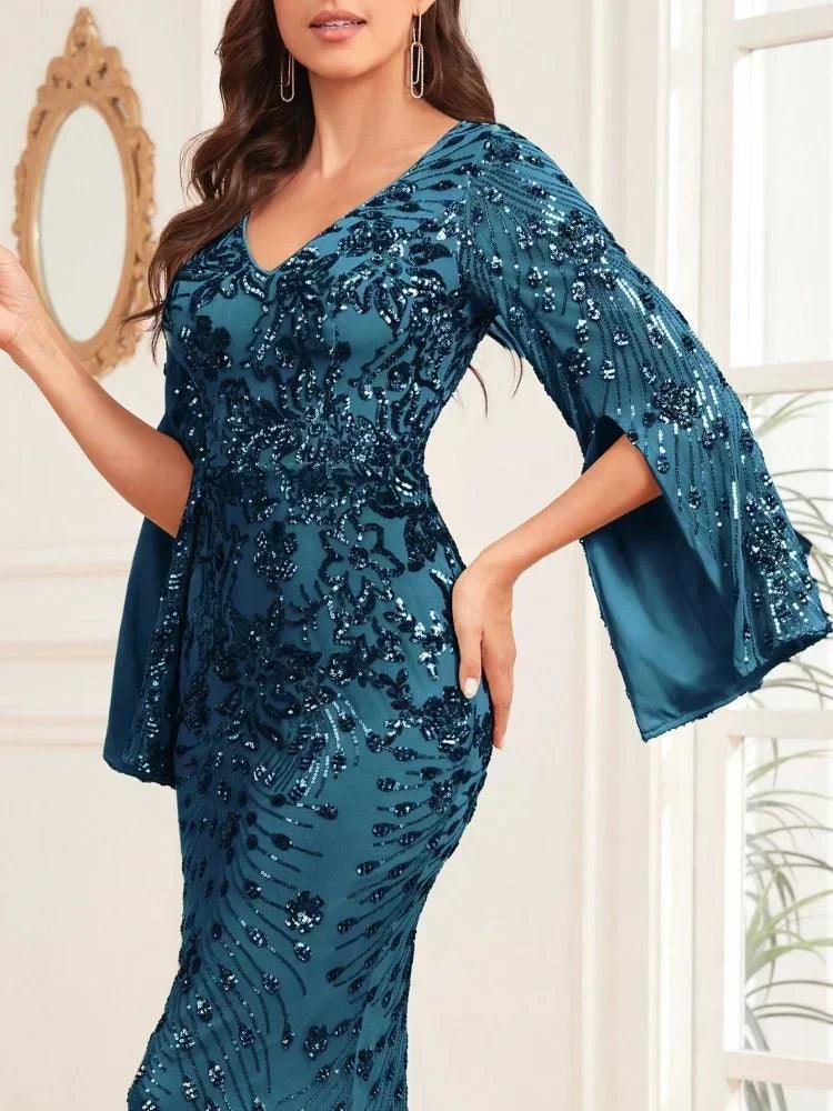 Luxury champagne evening dresses for women 2025 long sleeve mermaid formal sequins v-neck prom wedding party graduation