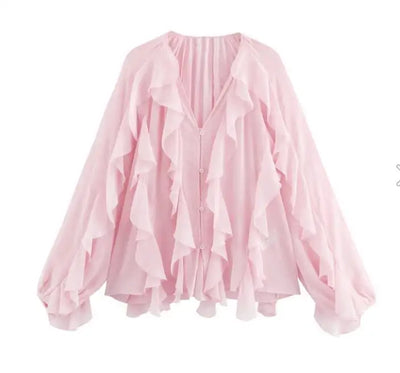 Women's Casual Ruffled Shirt Loose Lace Up Hollow Out V Neck Tops 2025 Spring Blouses Women Clothes