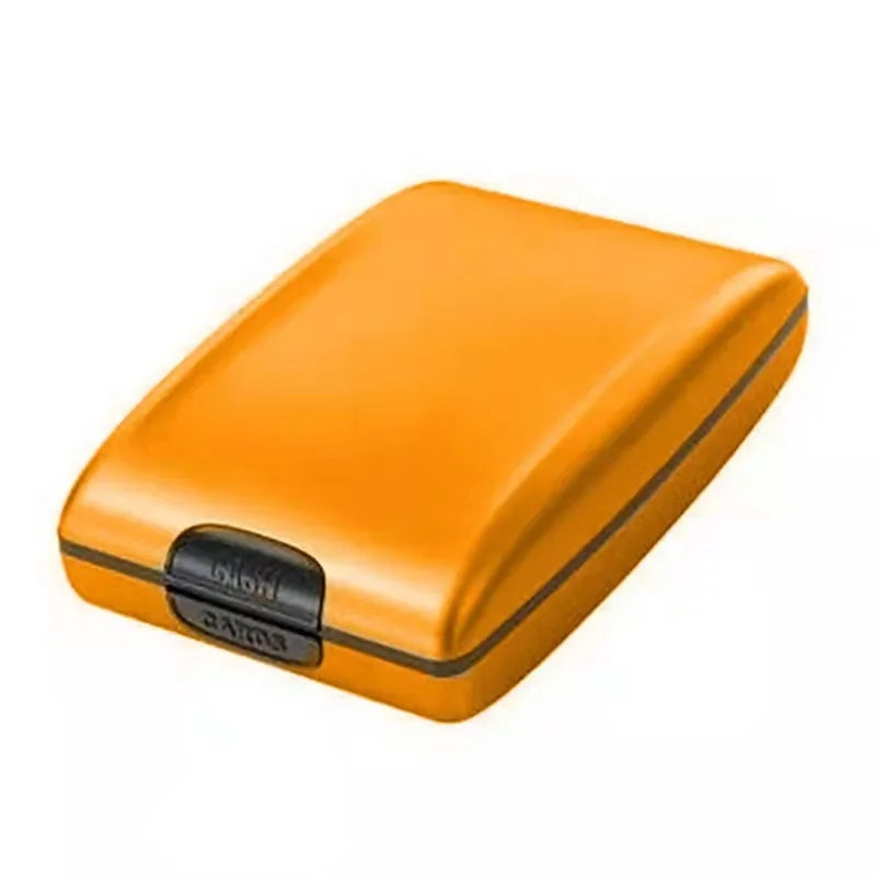 Sleek orange metallic card holder wallet with RFID blocking and secure clasp