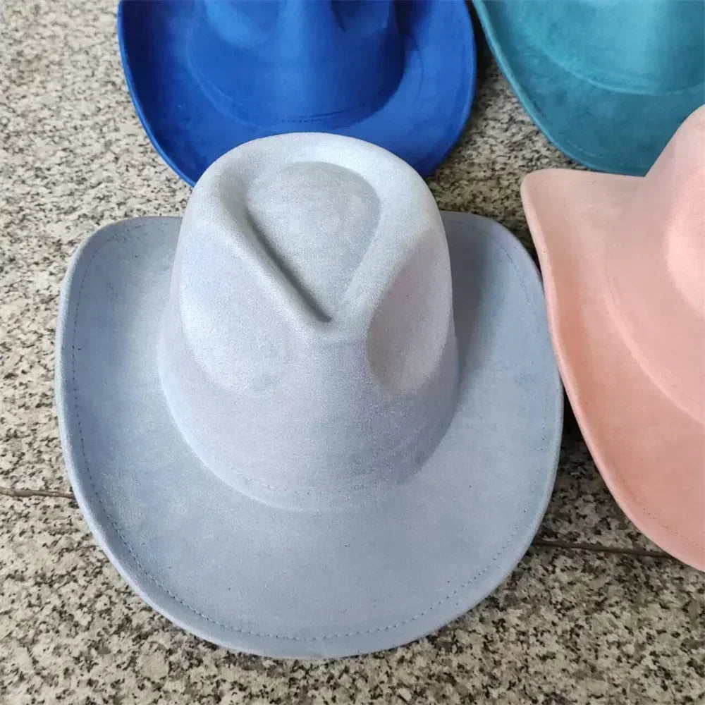 Classic suede leather 7.5cm western cowboy women’s fedora hat men’s church jazz fashion travel party denim 2024