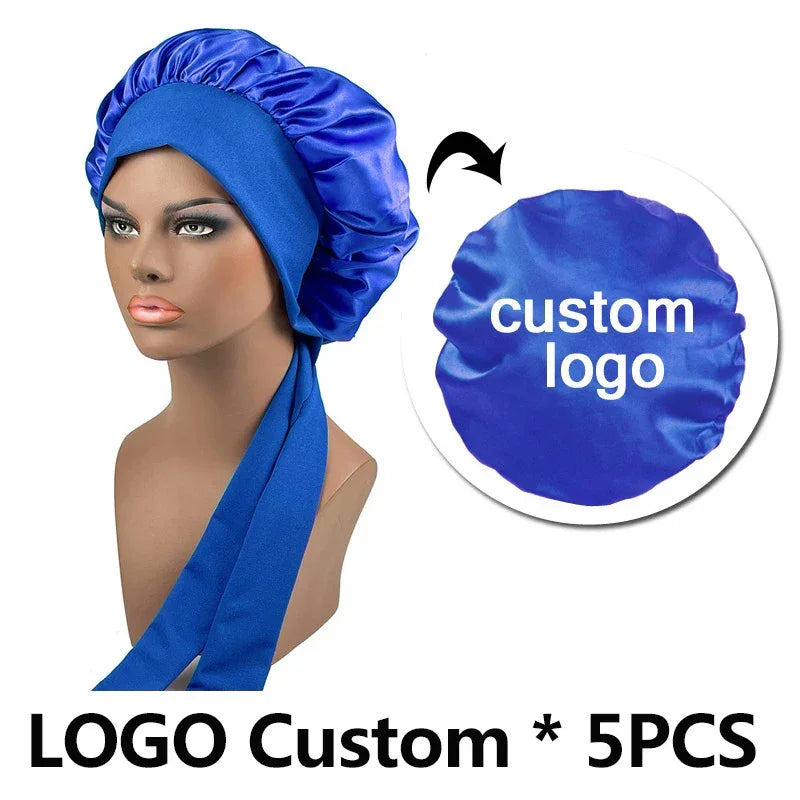 Silk Bonnet For Women Large Sleeping Cap For Hair Care Soft Satin Bonnets With Wrap Tie No Frizz No Fly Aways Hair Bonnets LOGO