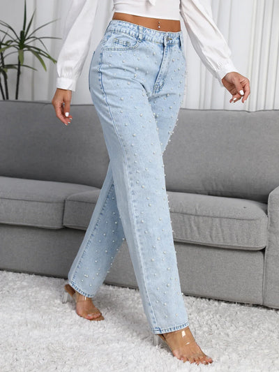 Women Straight-Leg Denim Jeans with Fashion Faux Pearl Detail Casual Style Non-Stretch Jeans Light Blue Mid-waist Denim Pants