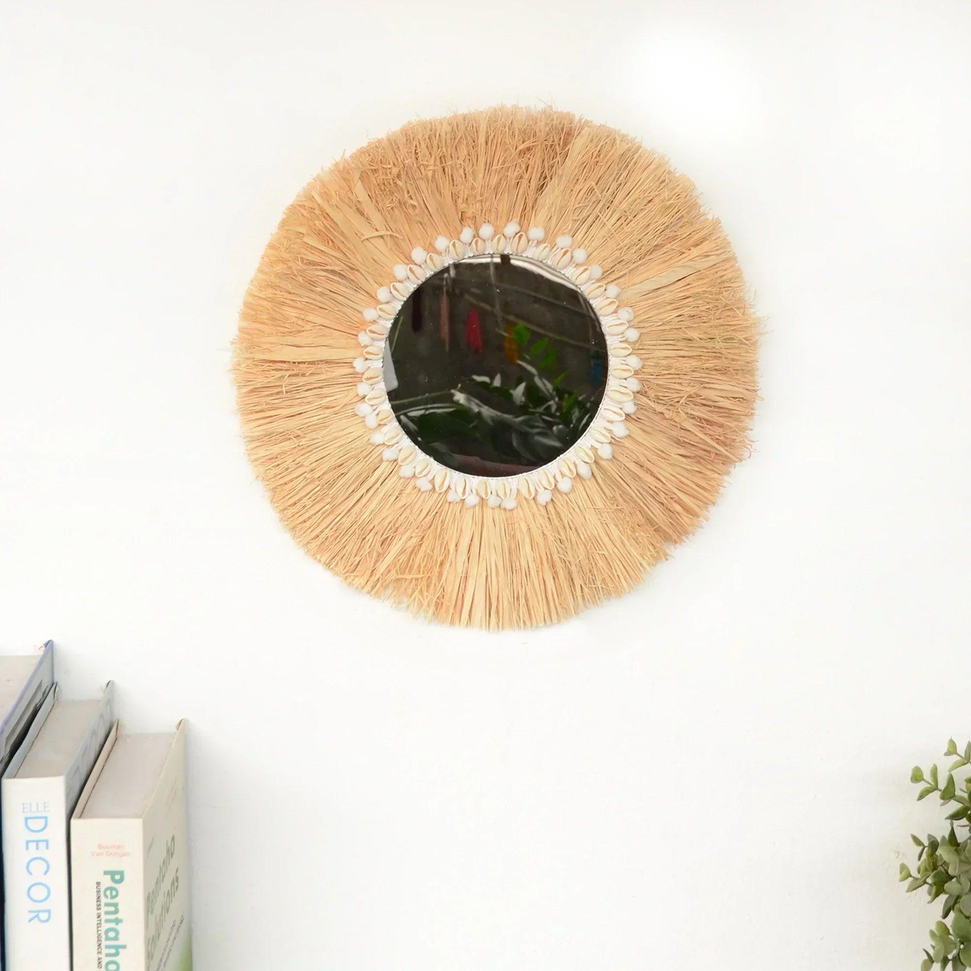 Boho home furnishing forest raffia decorative wall mirrors woven shell small yarn balltapestry living room decor mirror
