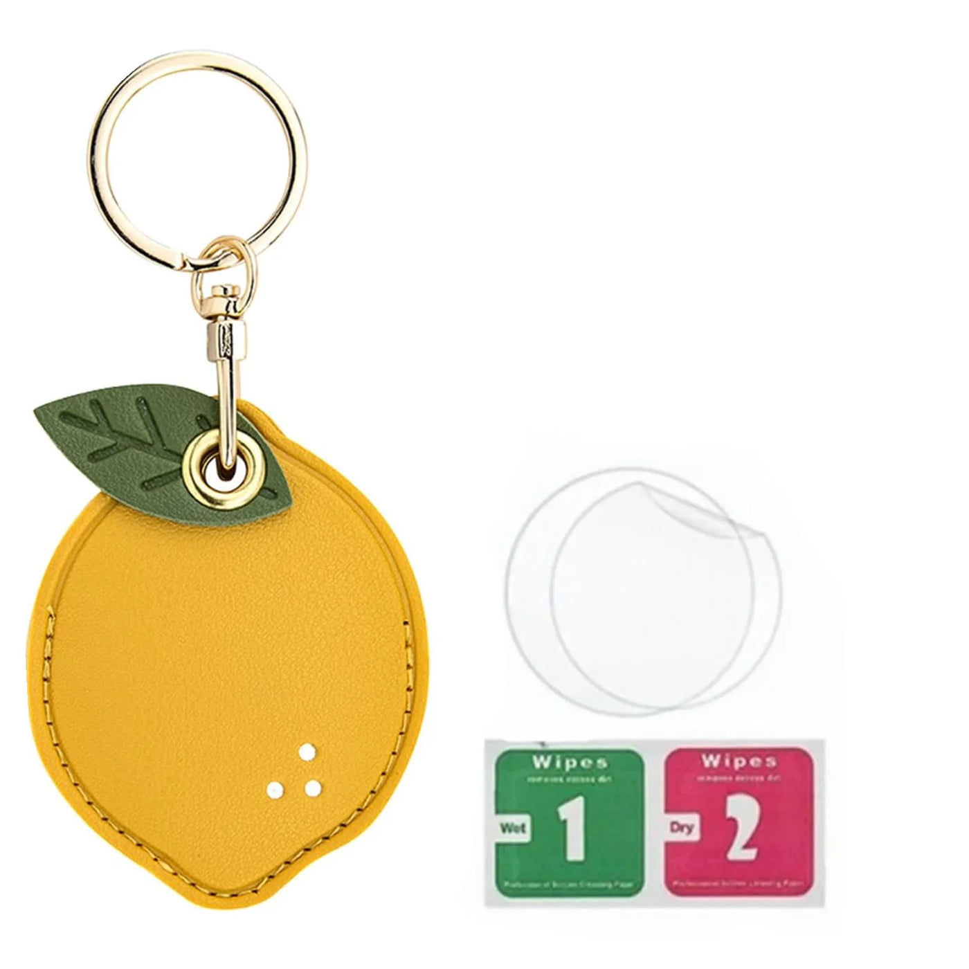 Yellow lemon keychain with green leaves, gold ring, and hand straps for AirTag