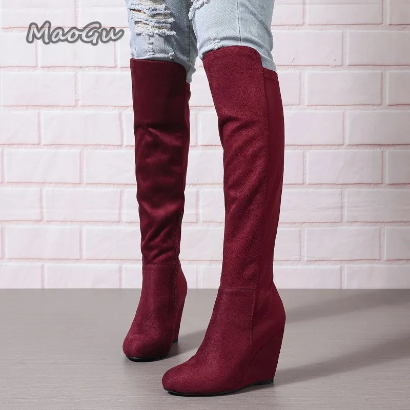 Women Autumn Winter Knee High Boots Wedge Boots for Women Plus Size Suede Elastic Women's Long Botas Feminino Botas Para Mujer