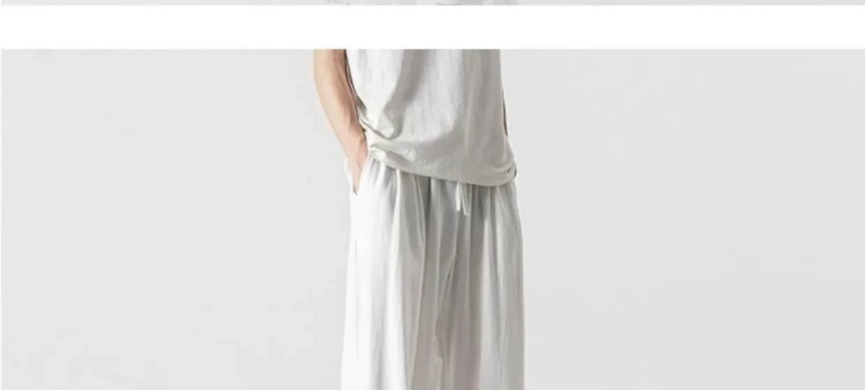Summer Large Size Linen Cotton Wide Leg Pants Men Casual Comfortable Loose Fit Straight Leg Trousers Long Pants