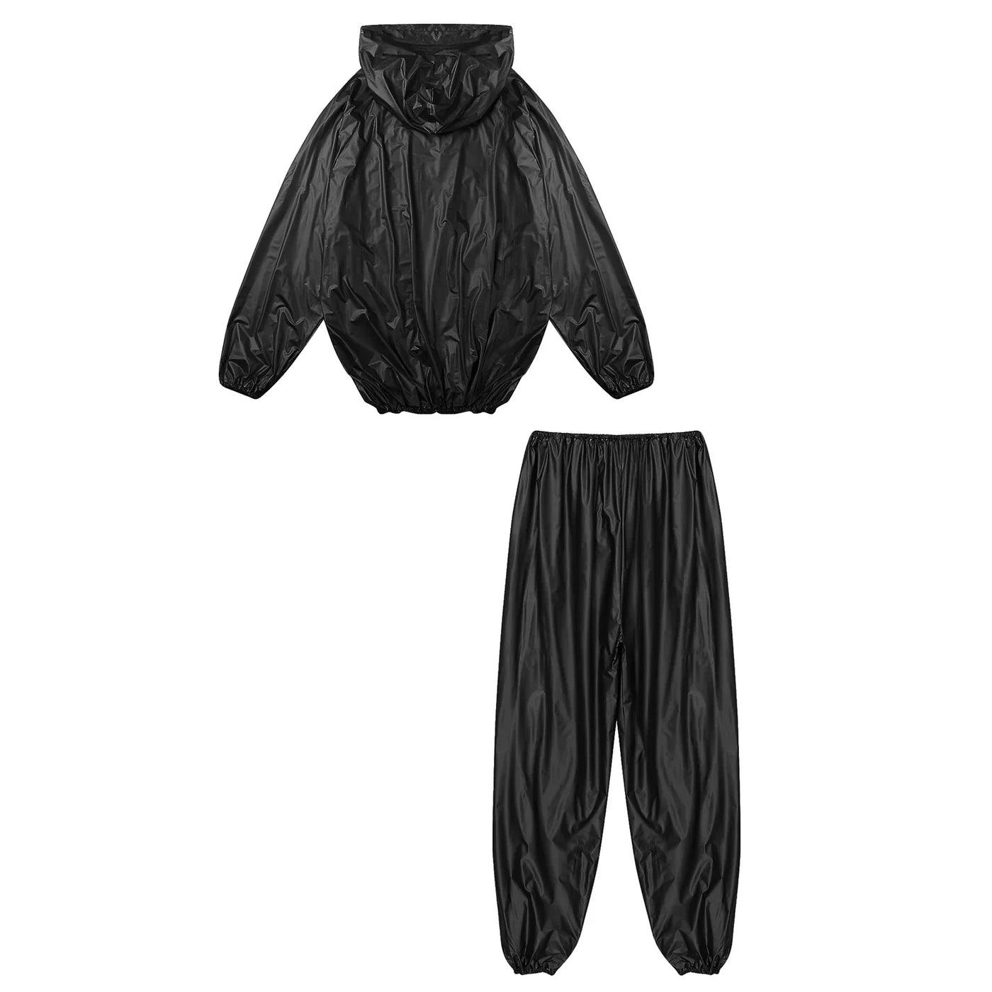 Mens Sauna Sweat Outfit Long Sleeve Hooded Jacket Outerwear and Elastic Waist Long Pants PVC Sweating Suit for Gym Workout