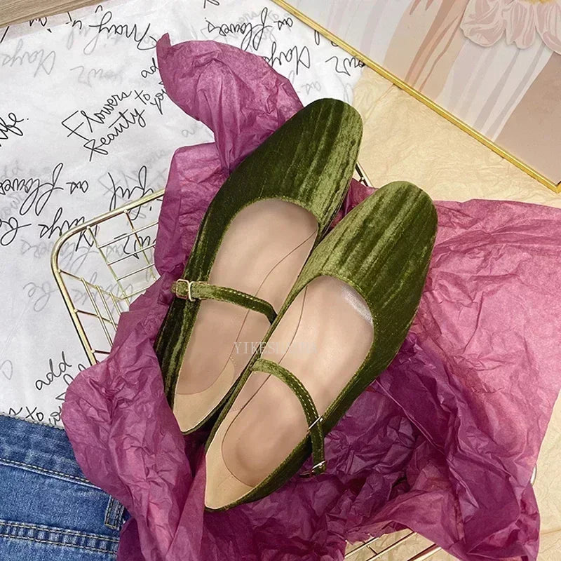 2025 Women Shoes Luxury Velvet Ballet Shoes Women Square Toe Flat Mary Janes Ladies Fashion Buckle Strap Velour Shallow Loafers
