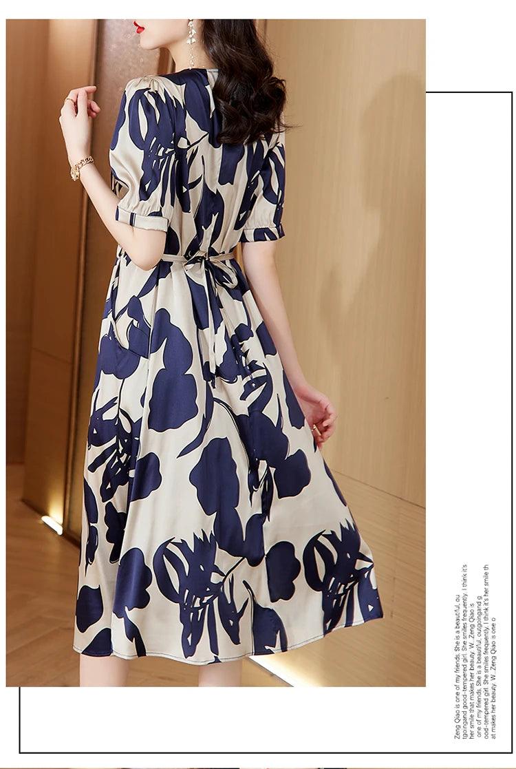 Women’s silk luxury elegant evening dress 2024 summer new casual vintage floral print bandage bodycon chic dresses