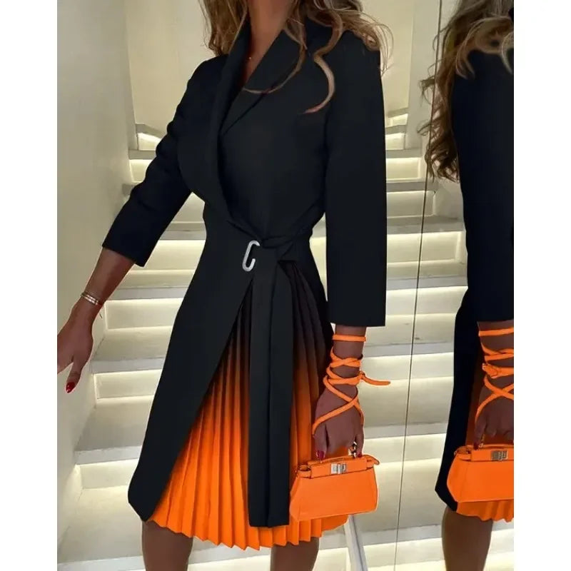 Elegant Women Blazer Dress Office Lady Autumn Winter Long Sleeve Lapel High Waist Corset Belt Folds Party Dress Y2K Chic Clothes