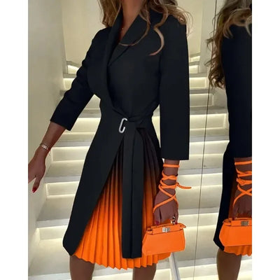 Elegant Women Blazer Dress Office Lady Autumn Winter Long Sleeve Lapel High Waist Corset Belt Folds Party Dress Y2K Chic Clothes