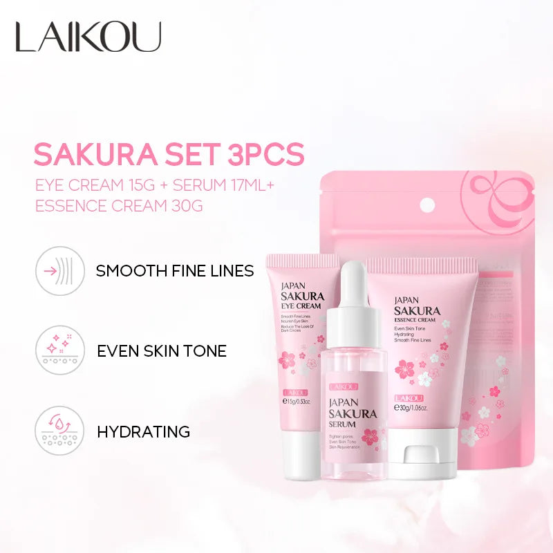 LAIKOU Sakura Skin Care Sets Facial Cleanser Face Cream Serum Toner Moisturizing Brightening Anti Wrinkles Kit