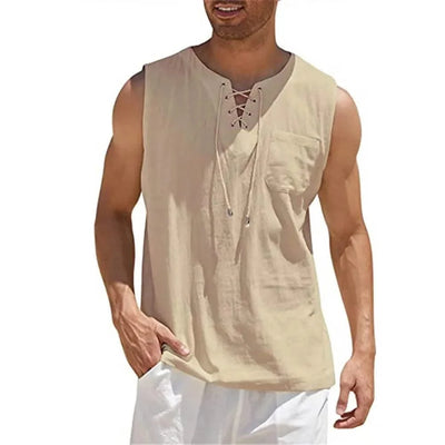 Summer Linen Shirts Men's Casual Leeveless Vest Bandage Lace Up Blouse Retro V Neck Fashion Loose Shirt Male SolidColor Tees Top