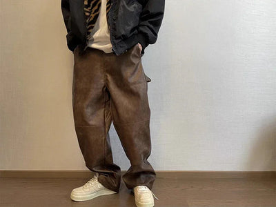 Mauroicardi Autumn Long Retro Cool Baggy Distressed Washed Brown Soft Pu Leather Wide Leg Pants for Men Luxury Designer Clothes