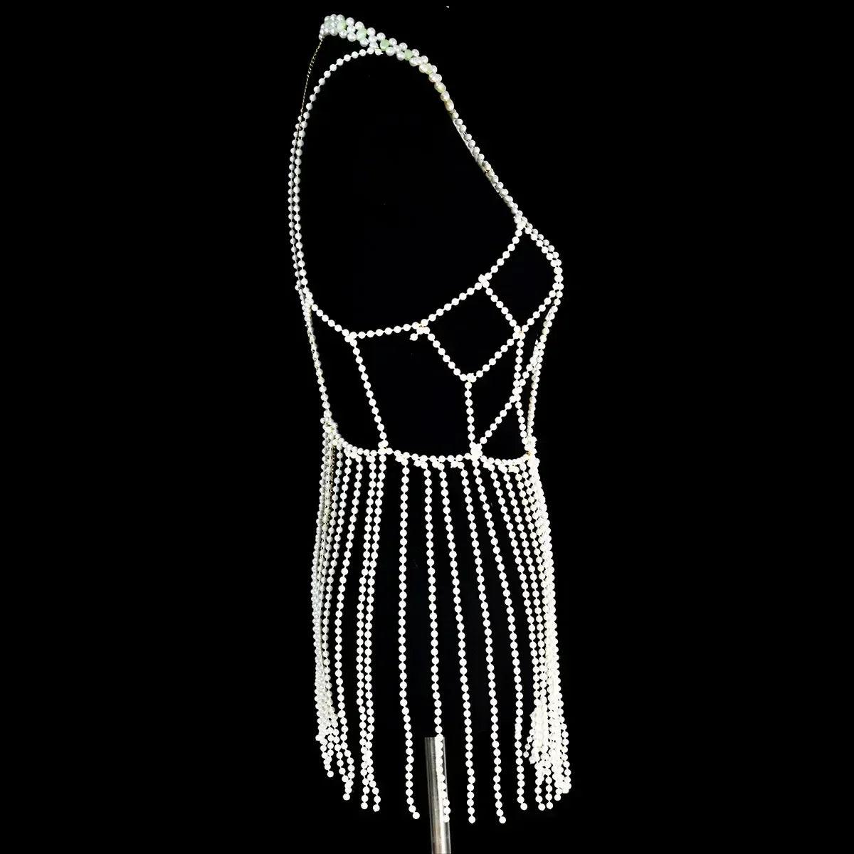Luxurious a long fringed dress fashion faux pearl women’s body jewelry stage performance outdoor beach party accessories