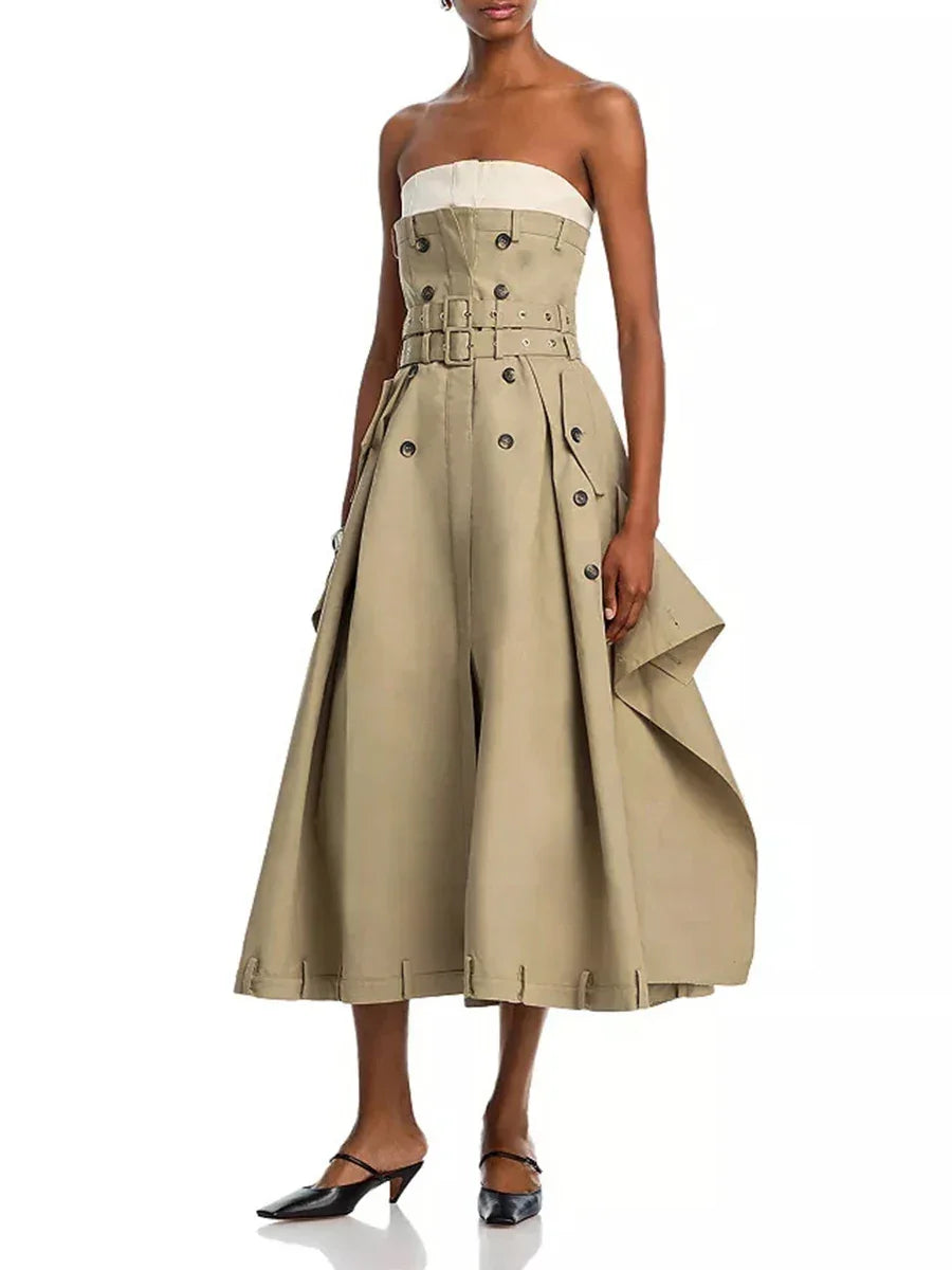 VGH Ameican Retro Irregular Cargo Dresses for Women Strapless Sleeveless High Waist Spliced Double Sashaes Midi Dress Female New