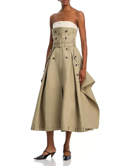 VGH Ameican Retro Irregular Cargo Dresses for Women Strapless Sleeveless High Waist Spliced Double Sashaes Midi Dress Female New