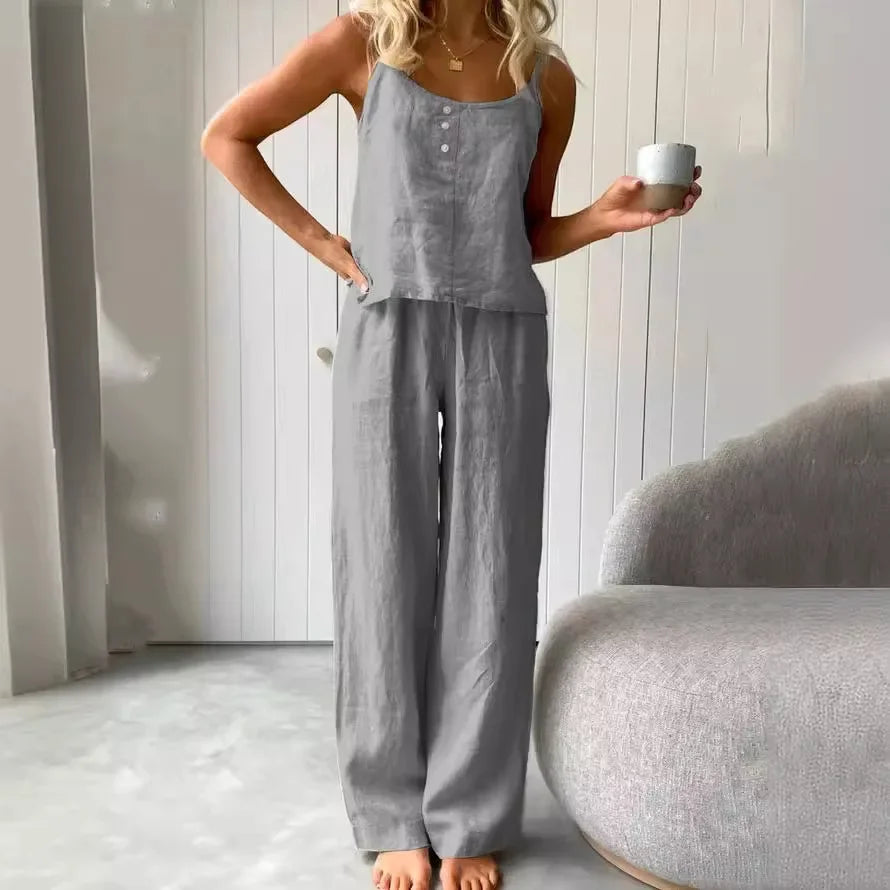 Cotton Linen Women's Suit Slip Vest Wide-leg Pants Suits Female Fashion Casual 2 Piece Sets Home Casual Clothes Ladies Sets 2025