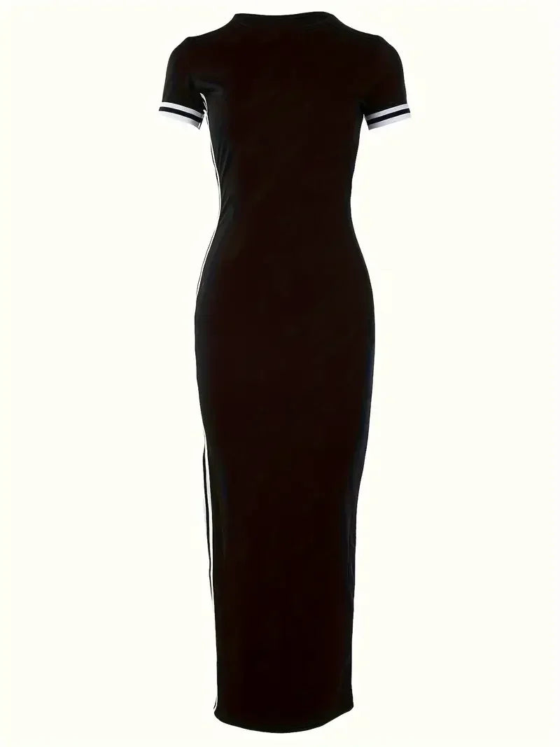 Dresses Women Summer 2024 Elegant Slimming Sexy Rose Printed Side Striped Split High Waist Short Sleeve Casual Midi Long Dresses