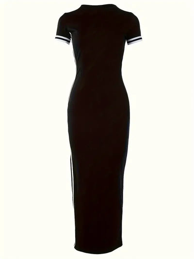 Dresses Women Summer 2024 Elegant Slimming Sexy Rose Printed Side Striped Split High Waist Short Sleeve Casual Midi Long Dresses