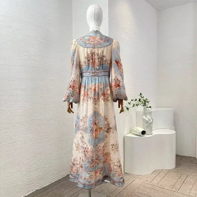 New High Quality Linen Elegant Long Lantern Sleeve Floral Print Waist Women Re-tro Midi Dress
