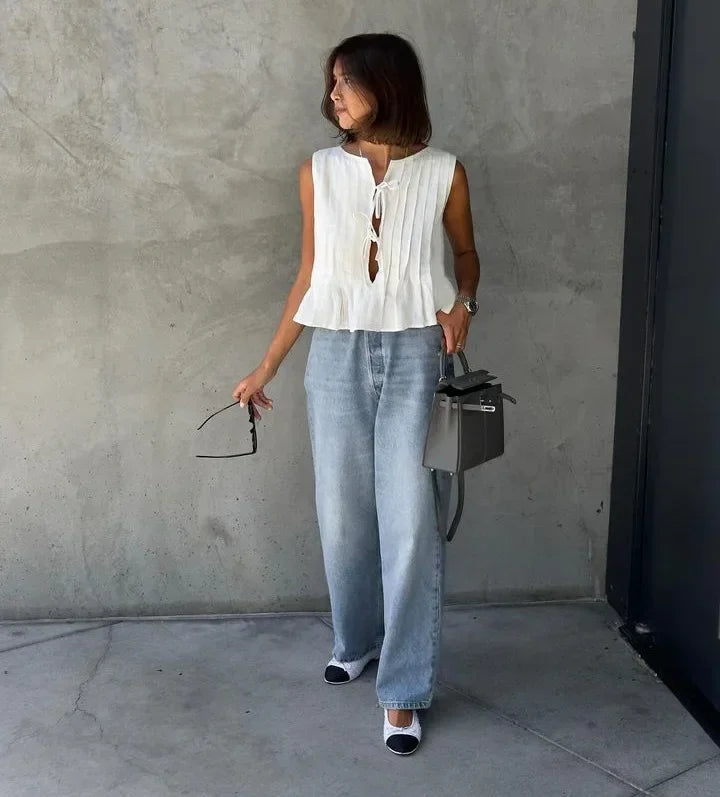 Fashion Bow Lace Up Linen Tops For Women