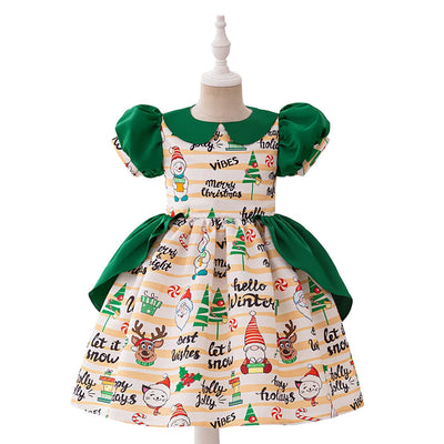 Christmas Dresses Girl Cartoon Print Princess Dress Children Red and Green Sequined Mesh Puff BalL Gown Carnival Clothes