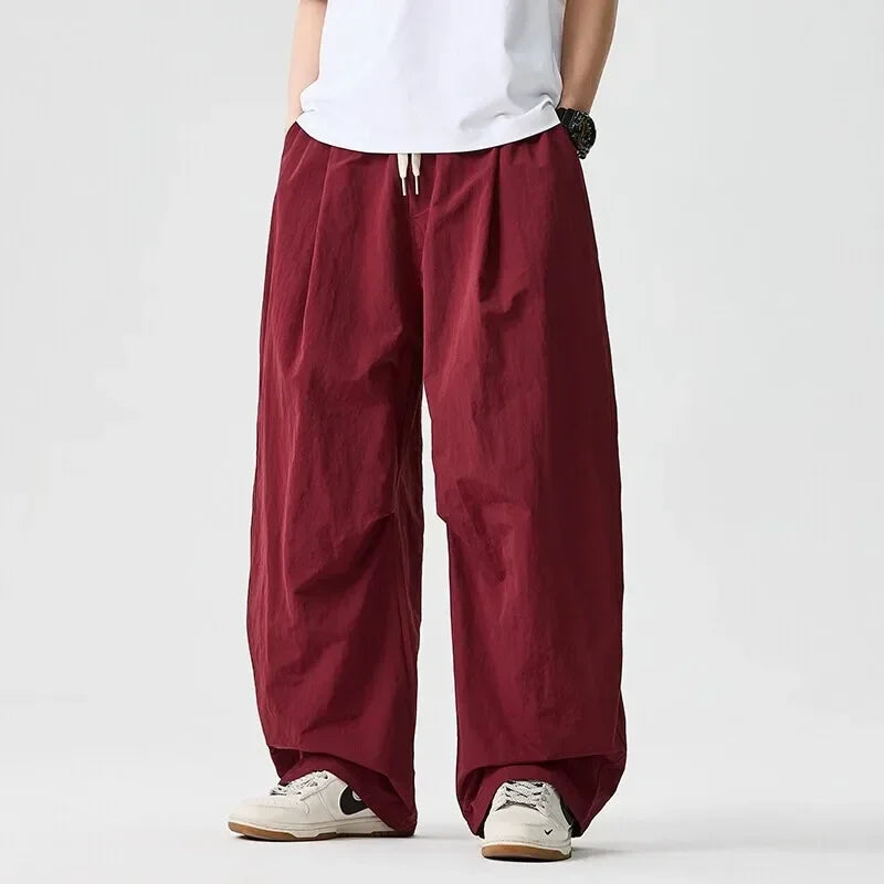 Wide leg Pants Men Harajuku Japanese Style Loose Casual Pants Men Solid Comfortable Elastic Waist Trouser Outdoor Walking Hiking