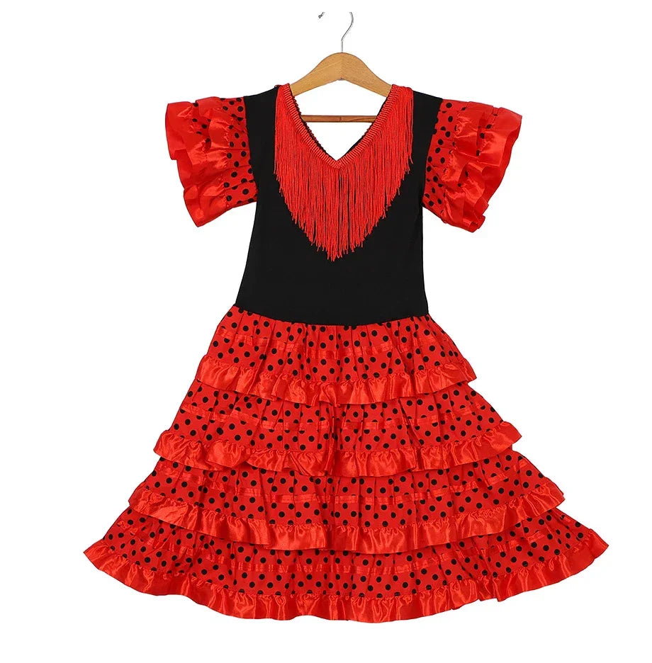Dress Women 2025 Europe America Short Sleeve Midi Dress Traditional Spanish Dance Dress For Girls Festival Tassel Dot Dress