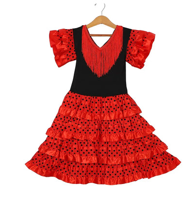 Dress Women 2025 Europe America Short Sleeve Midi Dress Traditional Spanish Dance Dress For Girls Festival Tassel Dot Dress