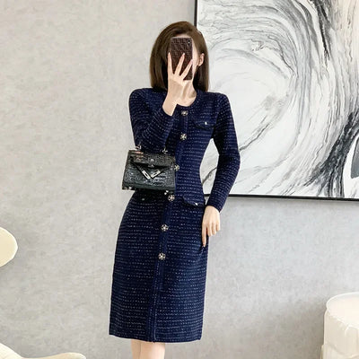 New Autumn Winter Women Knitted Dress Brand Fashion Royal Blue Bodycon Sweater Dress Lady Office Midi Dress