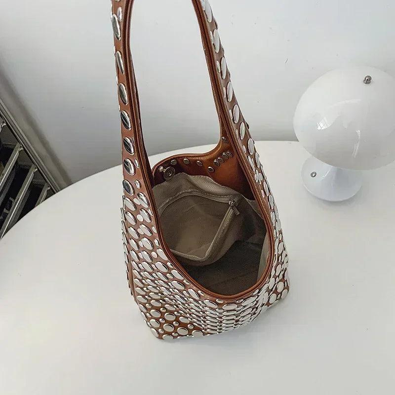 Designer geometric shoulder bag for women top brand handbag luxury shiny rivet handmade evening clutch fashion party