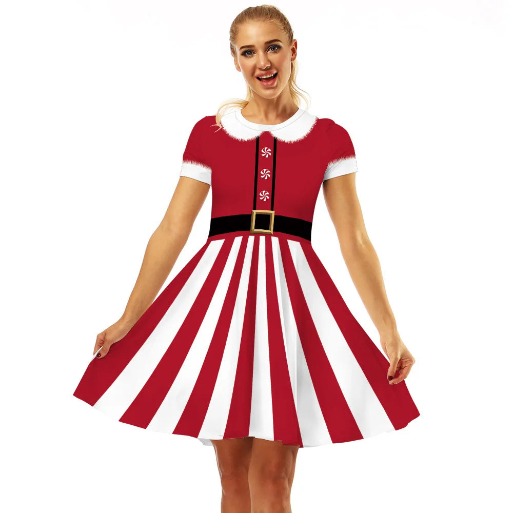 Merry Christmas Women Dress Graphics Stripe Christmas Elf Printed Dress Disguise Adult Xmas Cosplay Costume Holiday Party Wear