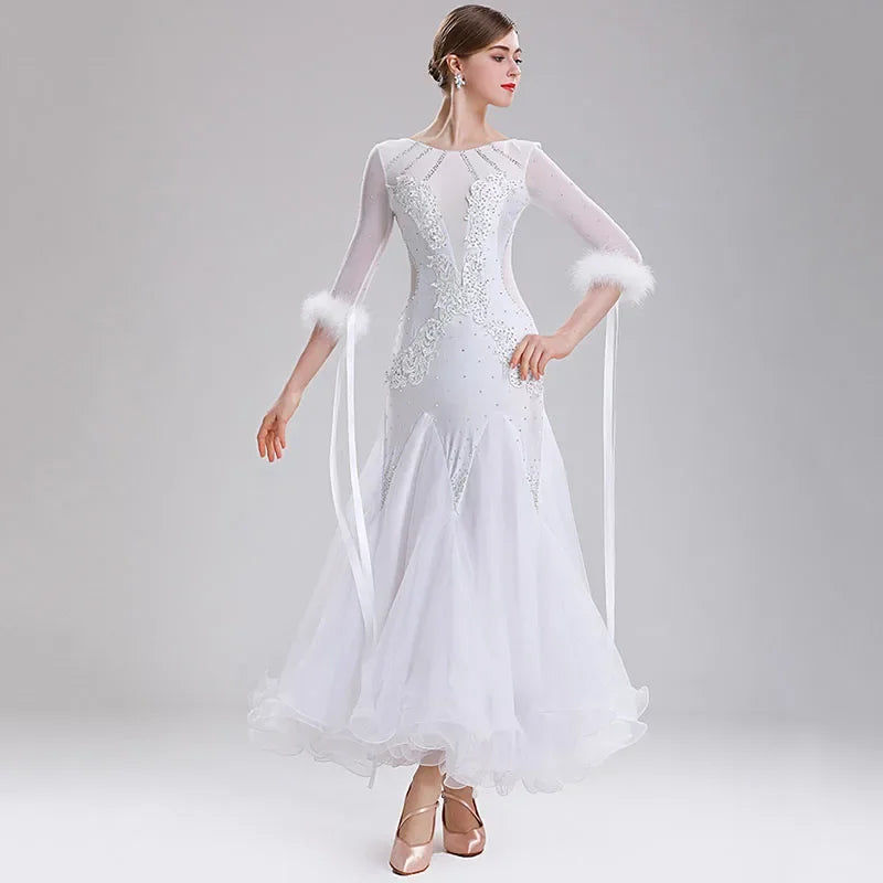 White Ballroom Dance Competition Dresses Women's Performance Waltz Party Clothes National Standard Modern DanceWear Costumes