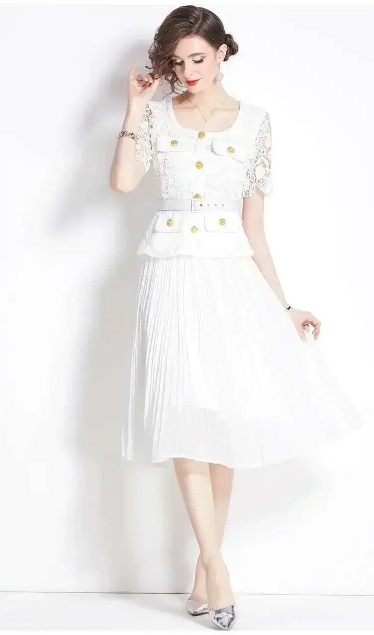 Luxury evening dress women summer vacation short sleeve pleated lace chiffon long dresses white single breasted midi