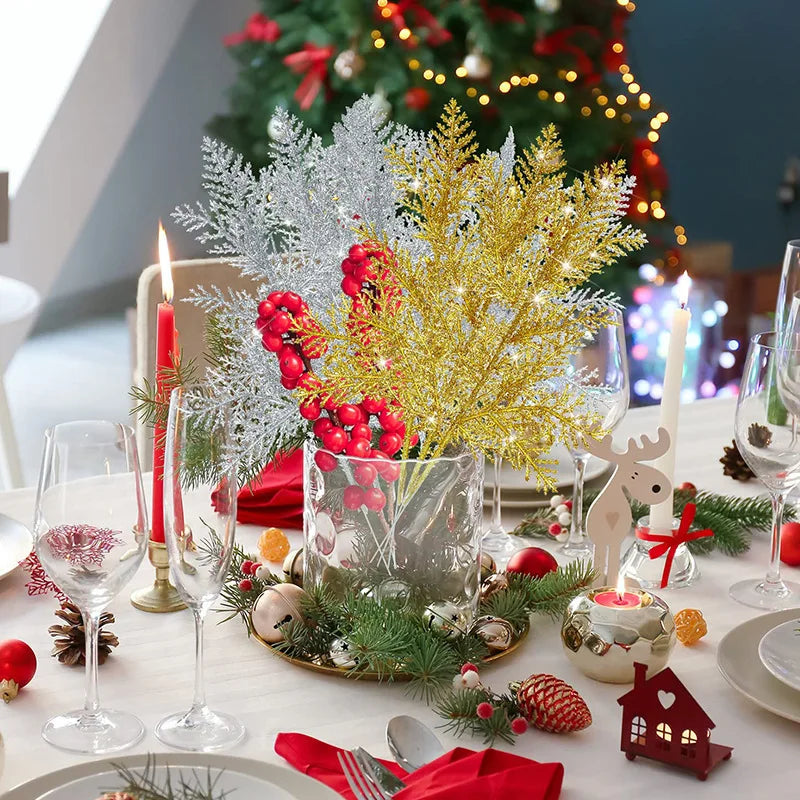 Christmas Decoration Glitter Branches Berries Artificial Flower Bouquet Christmas Tree Ornaments for Home New Year 2025 Navidad