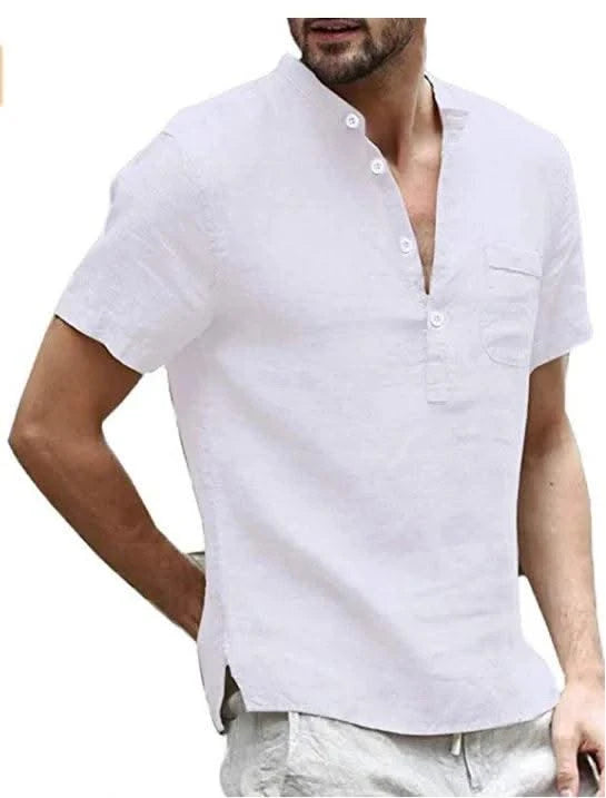 Linen Cotton Men's Shirt Henry Collar and Beach Pocket Casual Short Sleeved T-shirt Solid Color T-shirt Retro Streetwear