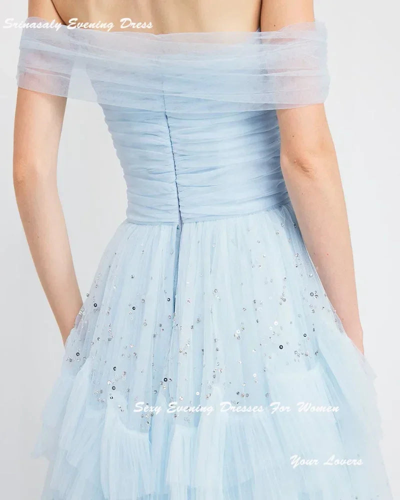 Customized Tiered Tulle Evening Dresses For Women Cocktail Party Gowns Off Shoulder فساتين سهرة Sequin Formal Dress