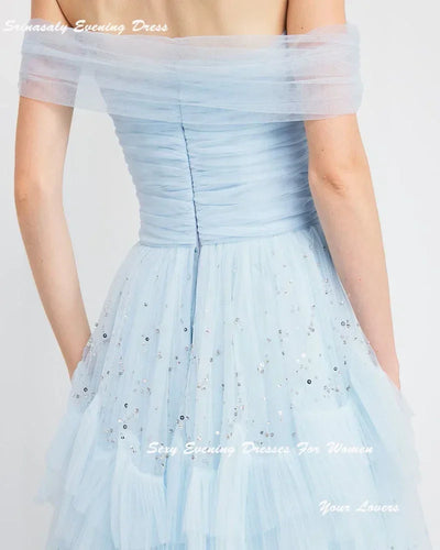 Customized Tiered Tulle Evening Dresses For Women Cocktail Party Gowns Off Shoulder فساتين سهرة Sequin Formal Dress