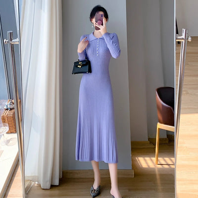 Sweater Dress Women New 2025 Autumn Winter Purple White Or Black High Waist A Line Dress Elegant Long Knitted Dress