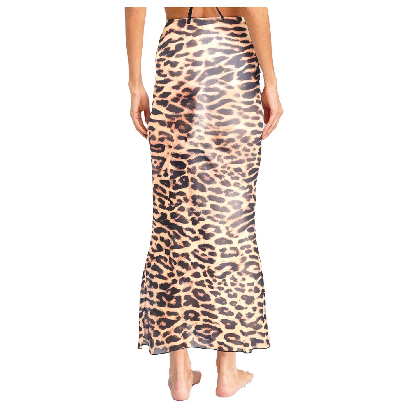 Womens Sheer Mesh Fishtail Wrap Hip Long Skirt Printed Leopard Maxi Skirt Female Vintage Costume High Waist Bodycon Cover Up