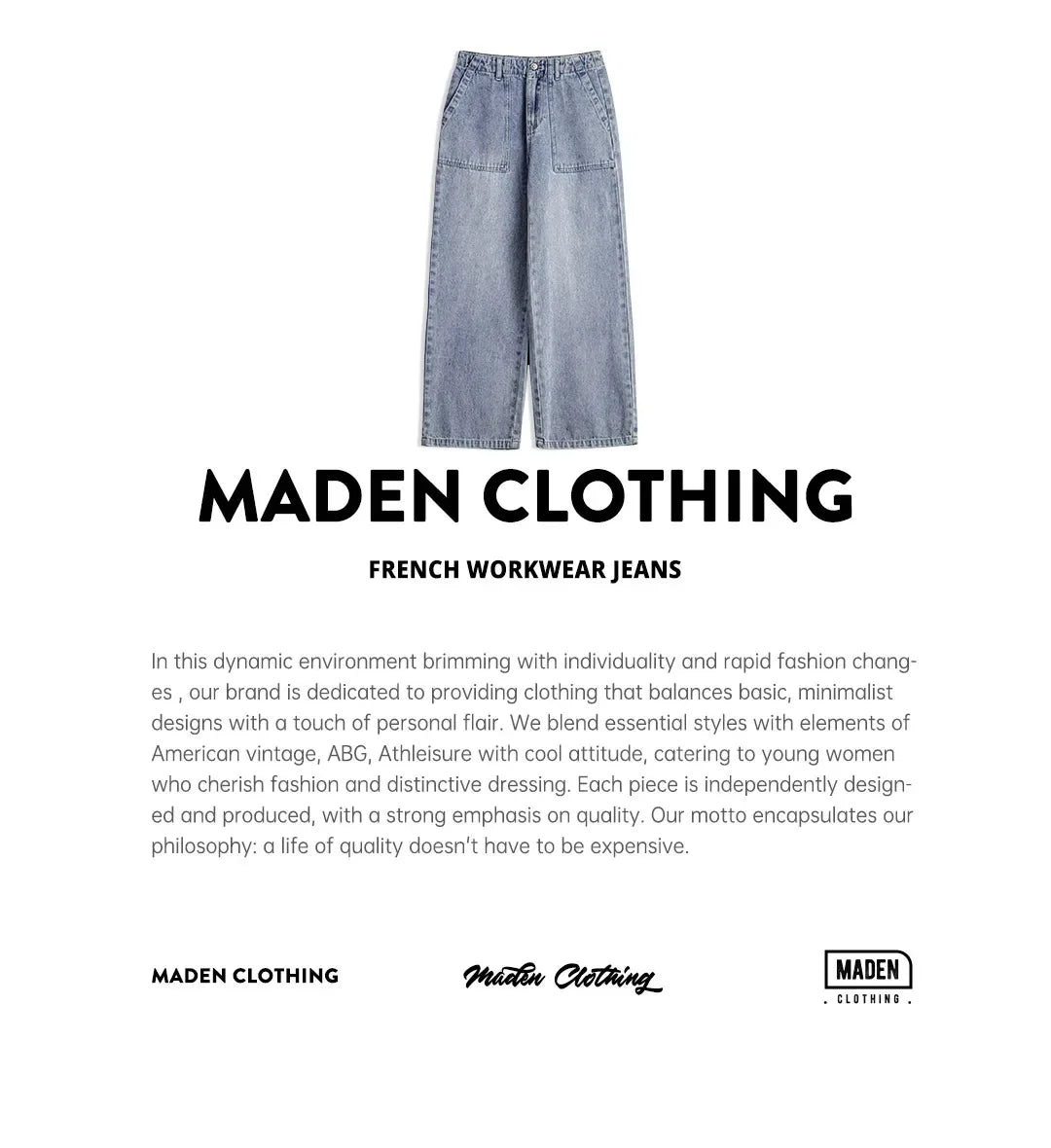 Maden Vintage Straight Denim Jeans with Washed YKK Zipper Loose Fit Casual Trousers for Women's Fall and Winter Versatile Pants