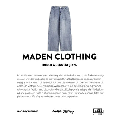 Maden Vintage Straight Denim Jeans with Washed YKK Zipper Loose Fit Casual Trousers for Women's Fall and Winter Versatile Pants