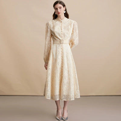 Autumn French High-end Elegant Evening Dress Women's Lace Embroidery Stand Collar Single-breasted Dress Heavy Work Banquet Robe