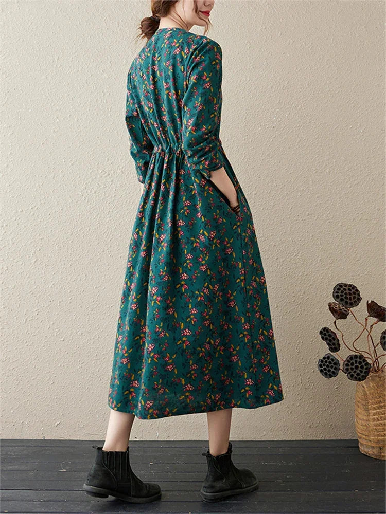 Long Sleeve Cotton Linen Vintage Floral Print Dresses For Women 2025 New Spring Autumn Casual Dress Robe Femme Elegant Clothing