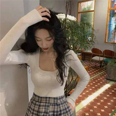 Woman Sweaters Slim-Fit U Collar Sweater Women's Spring Autumn Short Elastic Long-Sleeved Sweater Top